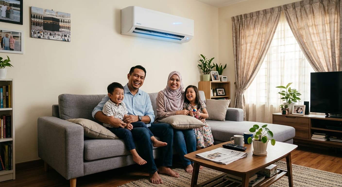 Keluarga berehat di ruang tamu yang sejuk dengan aircond Samsung dipasang di dinding